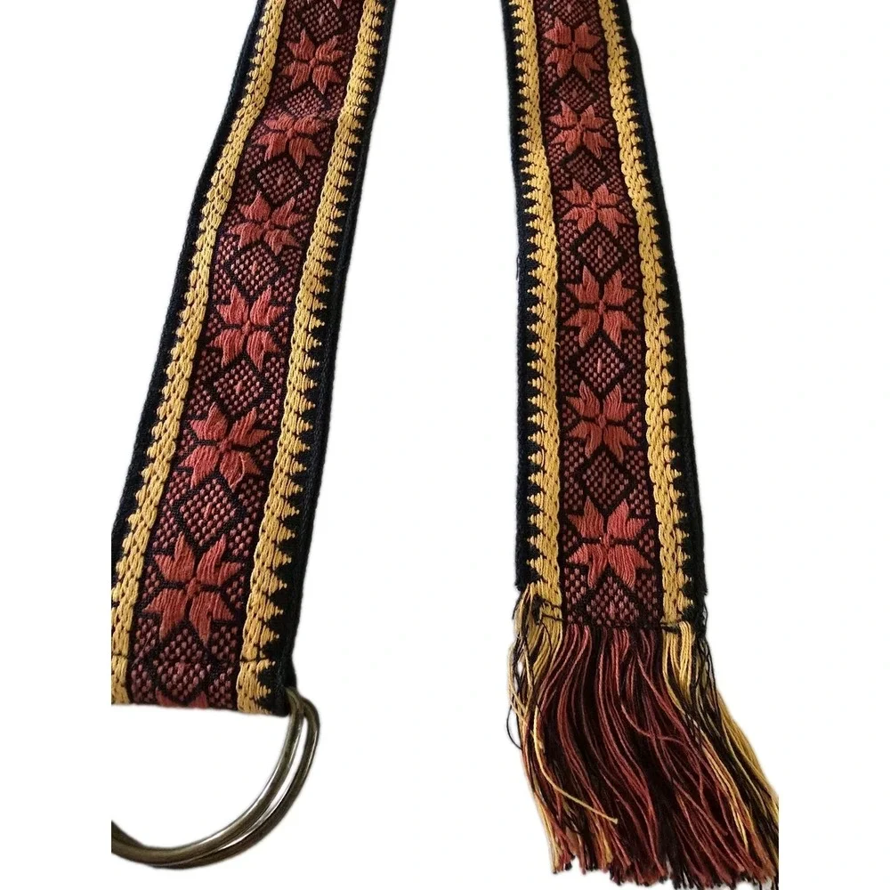 Womens 70s Vintage Woven Red Fabric Belt Brass D Buckle Star Pattern